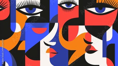 A pattern of abstract faces in a cubist style, with geometric shapes and bold, contrasting colors