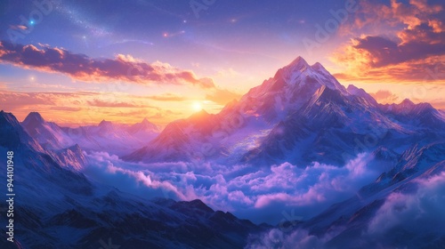 artistic illustration background, breath taking view over sea of cloud, majestic mountain peak with gradient celestial dawn sky, dreamy atmosphere