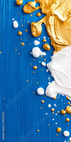 Abstract background featuring blue and white brushstrokes with gold flakes. Perfect for sale banners, promotions, and marketing materials. Suitable for businesses aiming to convey elegance and sophist