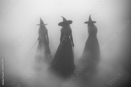 Vintage-style black and white photo of three witches in a traditional black dress ant hat, standing in a foggy forest on Halloween