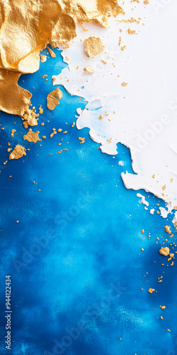 Abstract background featuring blue and white brushstrokes with gold flakes. Perfect for sale banners, promotions, and marketing materials. Suitable for businesses aiming to convey elegance and sophist