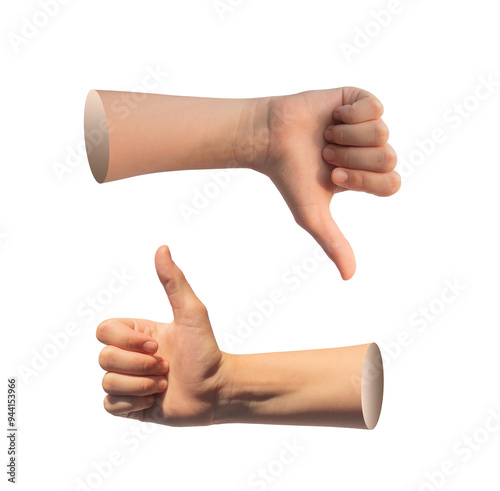 Thumb up and down gesture, kids hand showing like and dislike isolated on white background.