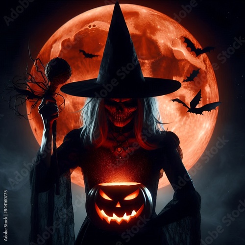 pumpkin nightmarish Halloween costume idea of a vengeful and malevolent witch, casting dark spells under a blood-orange moon