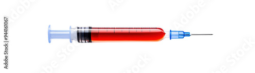 A detailed illustration of a medical syringe filled with red liquid, symbolizing health and medical procedures.