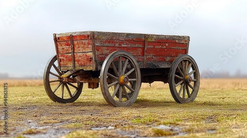 A weathered wooden wagon sits in a field