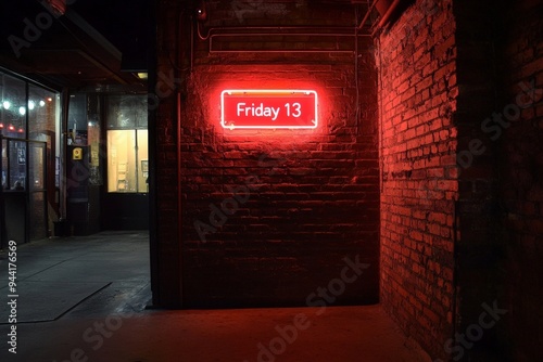 Mysterious Friday the 13th Neon Sign Illuminating a Dark Brick Alleyway