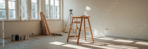 A bright room prepped for renovation featuring a ladder and painting supplies, it symbolizes transition and potential.