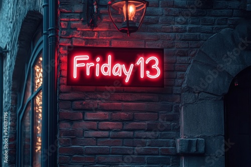 Mysterious Friday 13 Neon Sign Illuminating a Dark Brick Alleyway