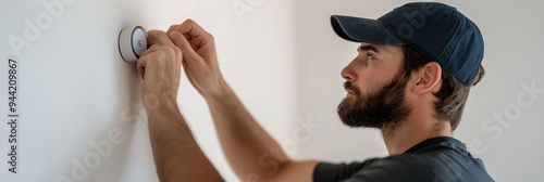 An individual focuses intently on fixing a thermometer device on the wall, ensuring it’s functional within the home setup.