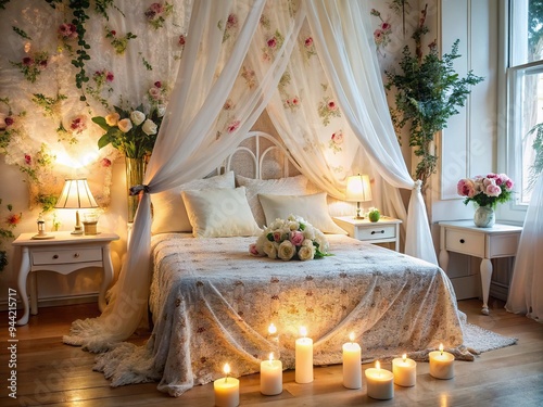 Romantic Retreat: White, lacey sheets, floral patterns, candlelight, soft, intimate ambiance, pastel colors