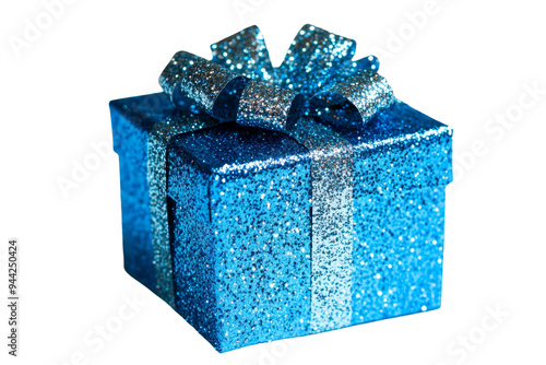 A stunning blue glitter gift box adorned with a silver ribbon, ideal for birthdays, holidays, or any special event requiring a vibrant touch. Transparent background PNG