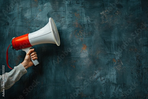 Woman hand holding a megaphone on blue background with copy space