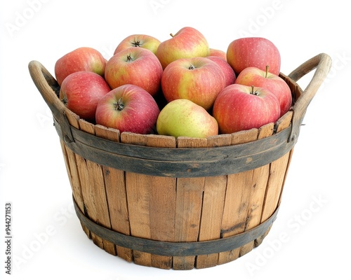 Bushel Apples. Fall Harvest of Green Apples in Wooden Basket on White Background