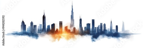 A watercolor painting of a city skyline with skyscrapers emerging from the clouds. It symbolizes growth, ambition, and the beauty of urban landscapes.