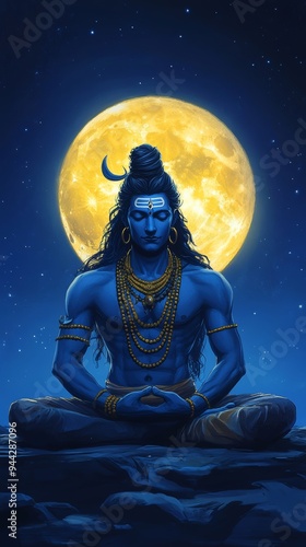 Lord Shiva Meditating Under Shining Moon