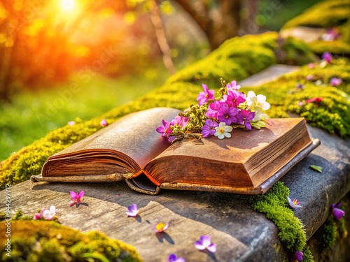 Vibrant blooming flowers surround a worn leather-bound book lying open on a moss-covered stone bench, evoking a sense of serene learning on a warm spring day.