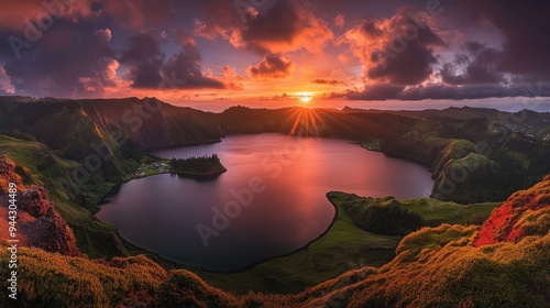 Green valley and Lagoa do Fogo on Azores' San Miguel island