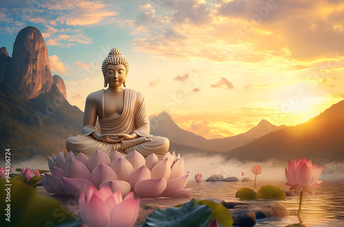 buddha sitting on a lotus flower, with a background of the sky with the sun and mountains