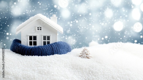 A model of a house is snugly wrapped in a scarf beside a functioning radiator, creating a warm environment on a chilly winter day