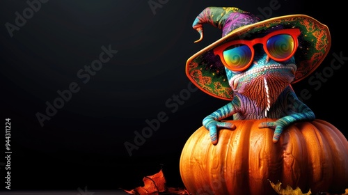 Banner with funny chameleon wearing sunglasses and witch's hat with carved Halloween pumpkin, autumn party promo background with copy space, AI generated image