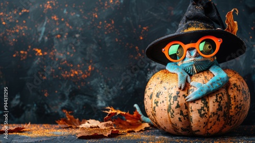 Banner with funny chameleon wearing sunglasses and witch's hat with carved Halloween pumpkin, autumn party promo background with copy space, AI generated image