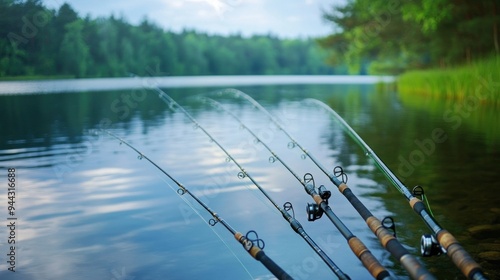 Fishing Rods by the Lake in Nature