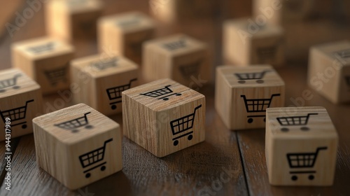 Growing sales concept with shopping cart icons on wooden cubes increasing in size