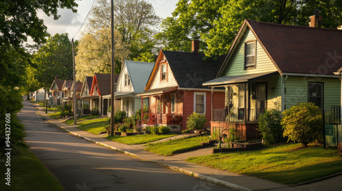 Quaint houses nestle along a peaceful dead-end street in a charming neighborhood