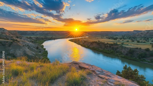 North Dakota Lake. Sunset Landscape at Theodore Roosevelt National Park. River, Sky, Water and Mountain Scenery