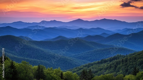 Blue Ridge Mountains from the Blue Ridge Parkway at sunset.