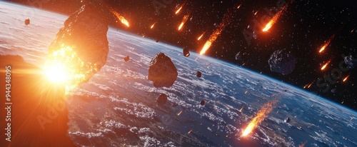 3D rendering of a swarm of Meteorites or asteroids entering the Earth atmosphere