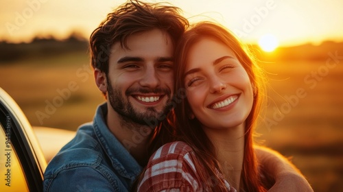 Smiling woman sitting with boyfriend against car during sunset