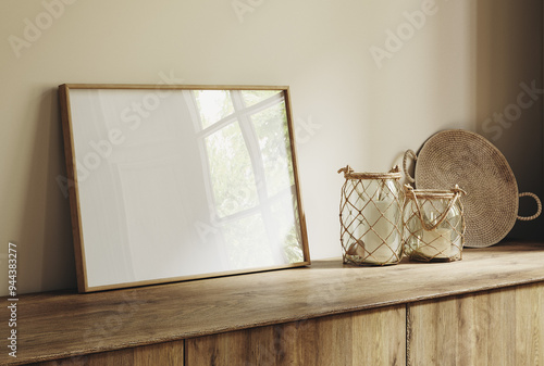 Frame mockup close up in a beige cozy room with candles, 3d render