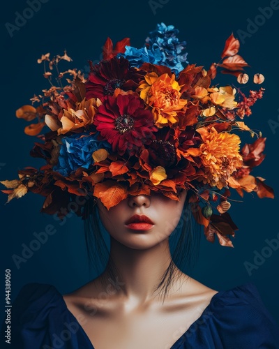 An Asian woman is creatively styled with a large floral arrangement and autumn leaves covering her face, emphasizing vibrant colors and a surreal atmosphere in a studio setting.