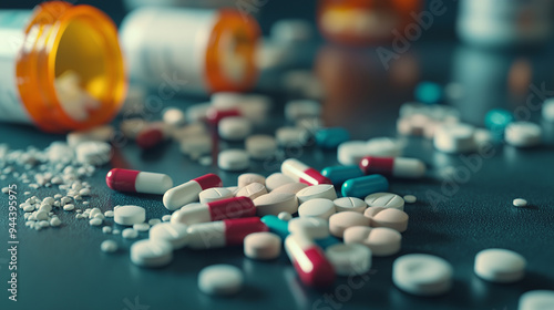 A close-up of assorted prescription pills spread across a cluttered table, some partially crushed, representing the widespread issue of drug overuse in society.