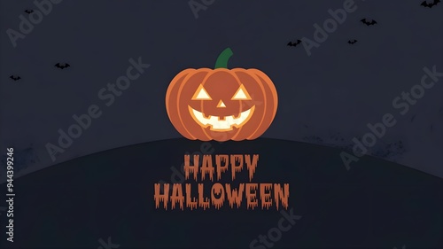  minimalistyczny, Halloween, dynia, świecący uśmiech, ciemne tło, teksturowane tło, głęboka pomarańcz, czerń, ilustracja, płaska grafika, rzeźbiony uśmiech", ręcznie pisana czcionka, mroczny, 