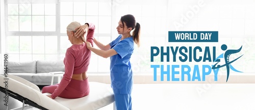 Female physiotherapist massaging mature woman in rehabilitation center. Banner for World Physical Therapy Day