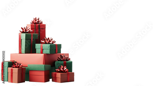 Different green and red christmas gift boxes stacked isolated on white background, PNG