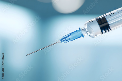 Banner for healthcare advertising and medical brochure with copy space. Closeup of medical syringe needle with bokeh background. Injection and vaccination concept for healthcare and medical procedures