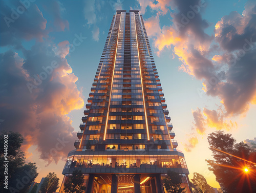 Modern skyscraper at sunset with towering structure, illuminated by warm lights and surrounded by soft clouds in the sky, evoking a sense of grandeur and modernity