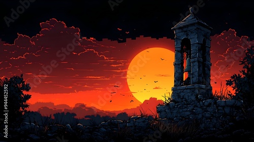 Cracked Bell Tower Silhouetted Against Fiery Sunset Landscape