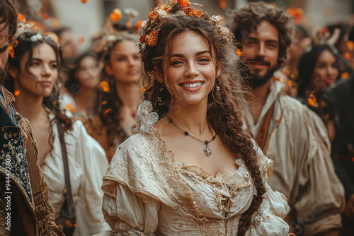 A group of performers reenacting a historical event as part of a cultural festival, educating the community. Concept of storytelling and history in cultural celebrations.