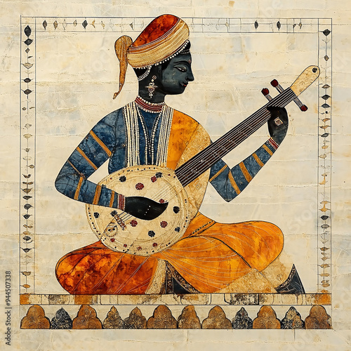 Simple traditional Madhubani Kalighat art from India of a musician with a sitar.