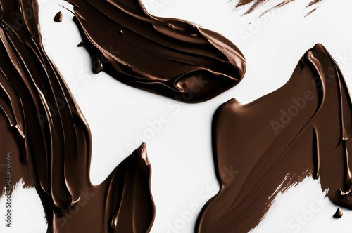 Chocolate on white. White brown abstract background. Abstract background brown oil paint abstract waves. White lipstick smear smudge. Brushstroke acrylic smear. Element for beauty cosmetic design