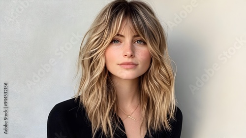 Captivating Blonde Woman with Shag Haircut and Curtain Bangs in Studio