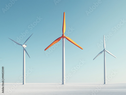 Paysage avec éoliennes, Symbole de l'énergie renouvelable et du réchauffement climatique et de la transition énergétique, image minimaliste