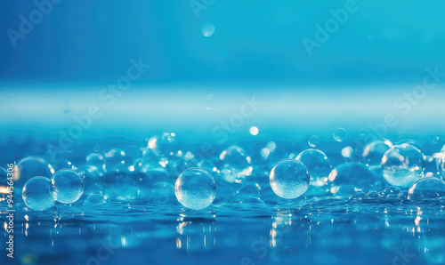 Clear water bubbles float on the surface of a calm blue pool