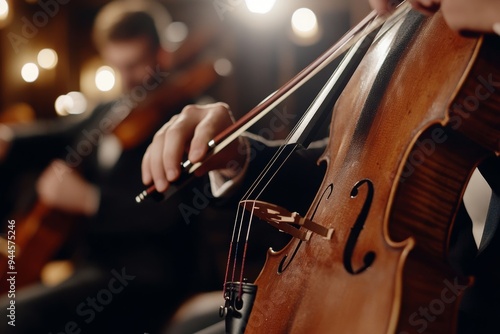 Elegant string quartet performing at a wedding reception in a restaurant, showcasing a handsome man playing cello and violin