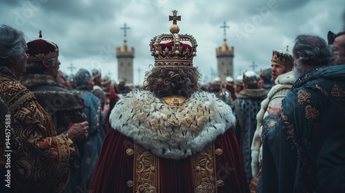 Majestic king surrounded by courtiers in royal ceremonial attire