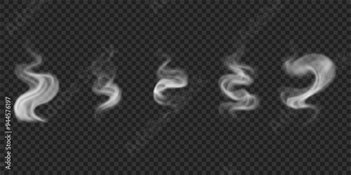 Realistic wavy smoke effect on water, bbq, hot drinks, food. Set of vector swirl fog, vapor isolated on transparent background